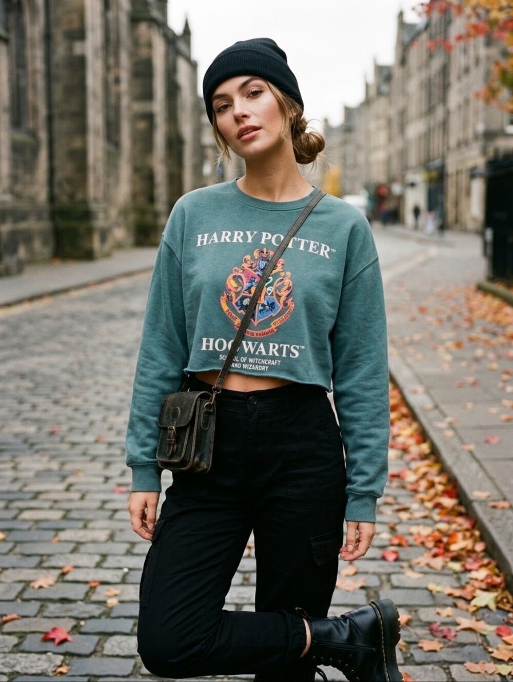 Wizarding World Harry Potter Teal Crop Graphic Novelty Sweater Medium